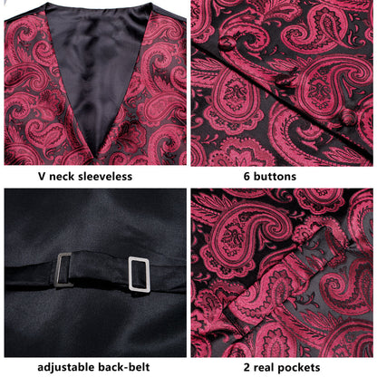 Dark Red Paisley Jacquard Silk Vest Set vest set    - Sophisticated Gentlemen