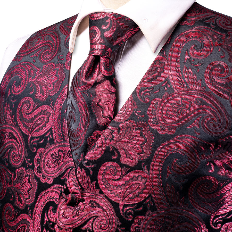 Dark Red Paisley Jacquard Silk Vest Set vest set    - Sophisticated Gentlemen