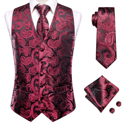 Dark Red Paisley Jacquard Silk Vest Set vest set    - Sophisticated Gentlemen