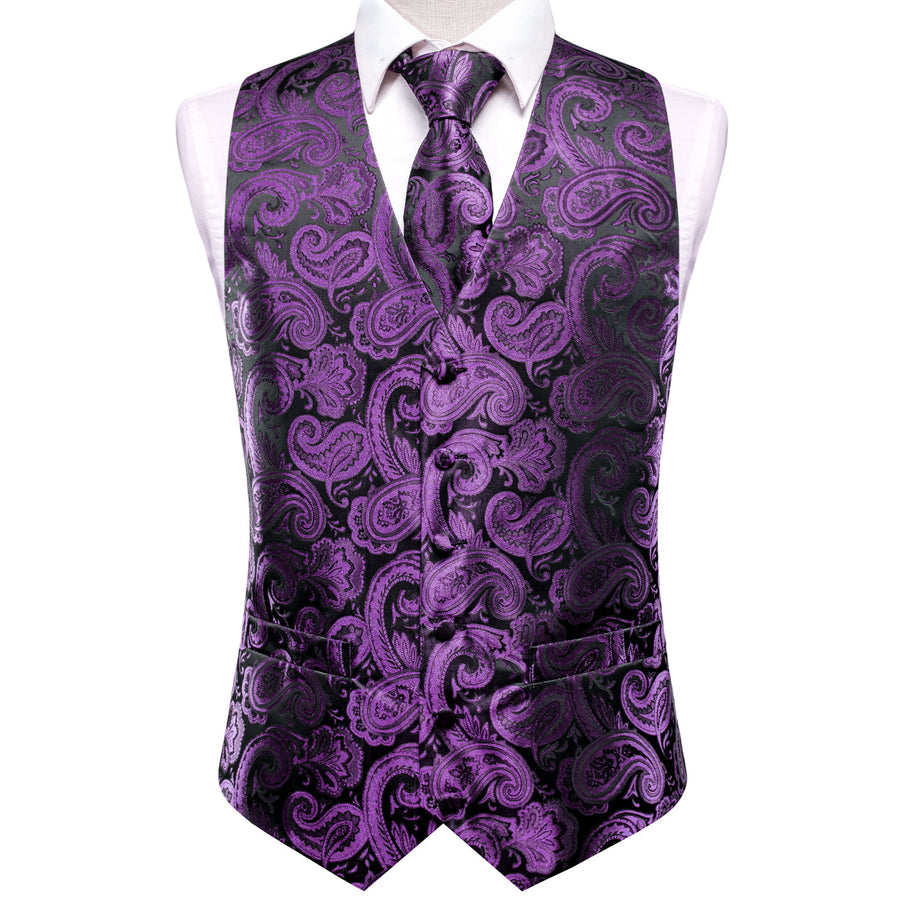 Black Purple Paisley Jacquard Silk Vest Set vest set    - Sophisticated Gentlemen