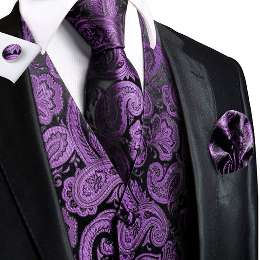 Black Purple Paisley Jacquard Silk Vest Set vest set S (Chest 40")   - Sophisticated Gentlemen