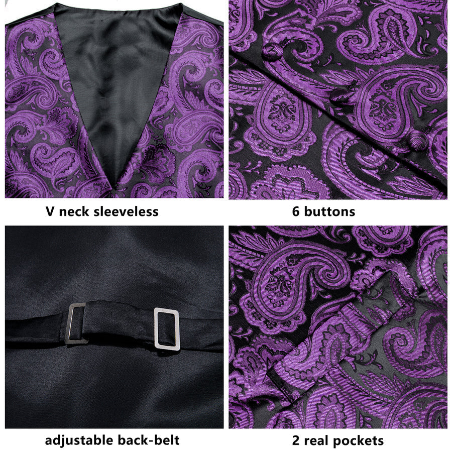 Black Purple Paisley Jacquard Silk Vest Set vest set    - Sophisticated Gentlemen