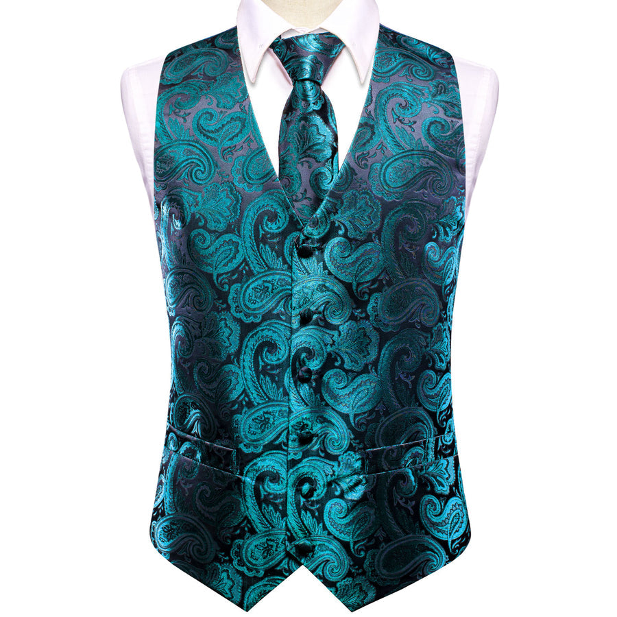 Black Lake Blue Paisley Jacquard Silk Men's Vest Set vest set    - Sophisticated Gentlemen