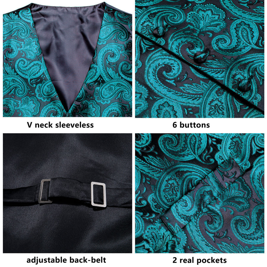 Black Lake Blue Paisley Jacquard Silk Men's Vest Set vest set    - Sophisticated Gentlemen