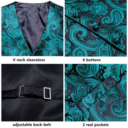 Black Lake Blue Paisley Jacquard Silk Men's Vest Set vest set    - Sophisticated Gentlemen