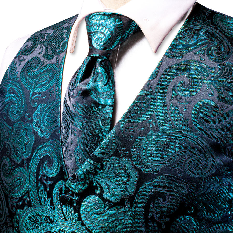 Black Lake Blue Paisley Jacquard Silk Men's Vest Set vest set    - Sophisticated Gentlemen