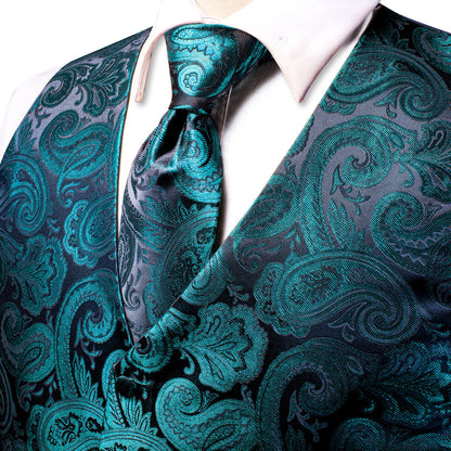 Black Lake Blue Paisley Jacquard Silk Men's Vest Set vest set    - Sophisticated Gentlemen
