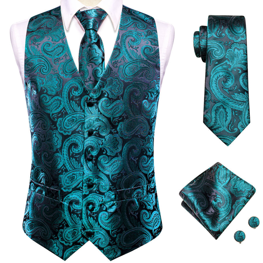 Black Lake Blue Paisley Jacquard Silk Men's Vest Set vest set    - Sophisticated Gentlemen