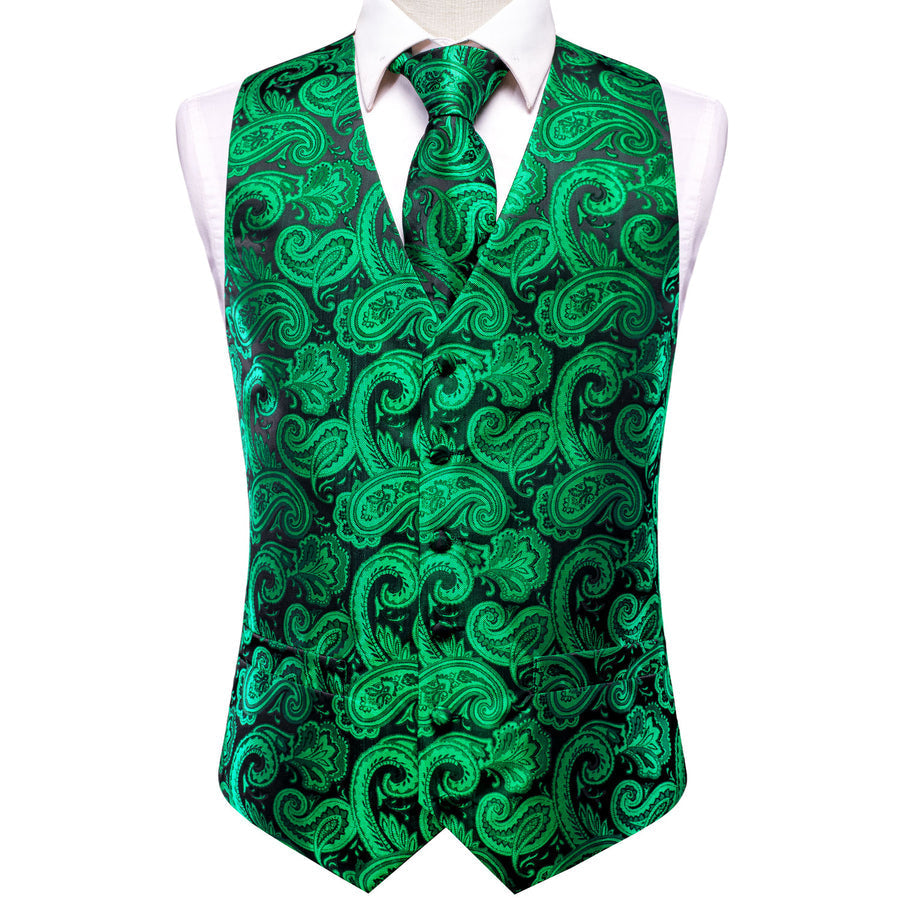 Black Green Paisley Jacquard Silk Men's Vest Set vest set    - Sophisticated Gentlemen