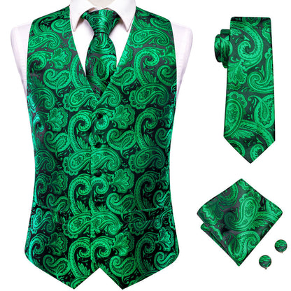 Black Green Paisley Jacquard Silk Men's Vest Set vest set    - Sophisticated Gentlemen