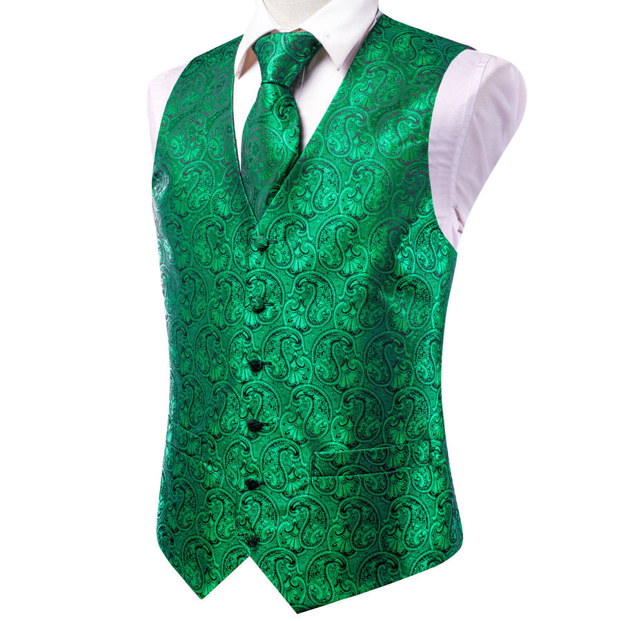 Green Paisley Jacquard Silk Vest Set vest set    - Sophisticated Gentlemen