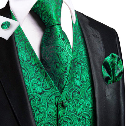 Green Paisley Jacquard Silk Vest Set vest set S (Chest 40")   - Sophisticated Gentlemen