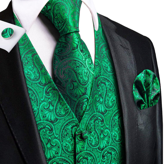 Green Paisley Jacquard Silk Vest Set vest set S (Chest 40")   - Sophisticated Gentlemen
