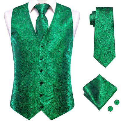 Green Paisley Jacquard Silk Vest Set vest set    - Sophisticated Gentlemen