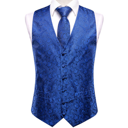 Royal Blue Paisley Jacquard Silk Vest Set vest set    - Sophisticated Gentlemen