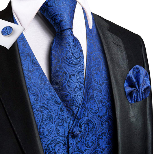 Royal Blue Paisley Jacquard Silk Vest Set vest set S (Chest 40")   - Sophisticated Gentlemen