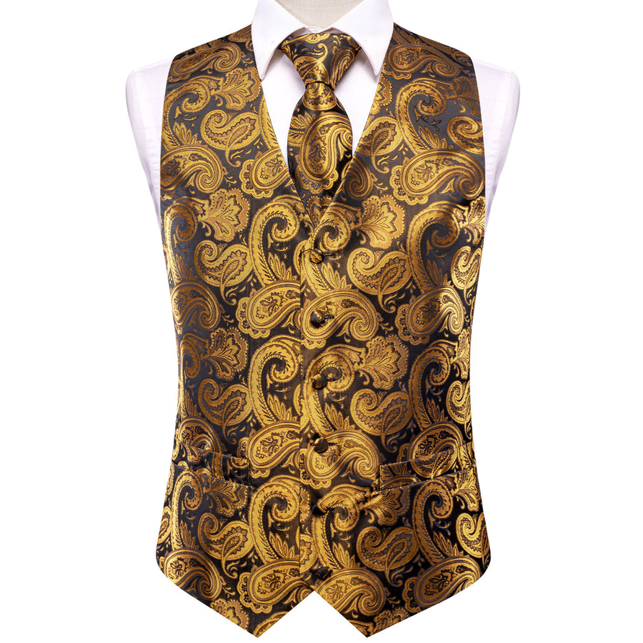 Brown Golden Paisley Jacquard Silk Men's Vest Set vest set    - Sophisticated Gentlemen