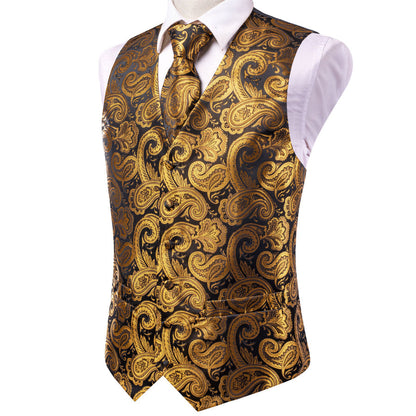 Brown Golden Paisley Jacquard Silk Men's Vest Set vest set    - Sophisticated Gentlemen