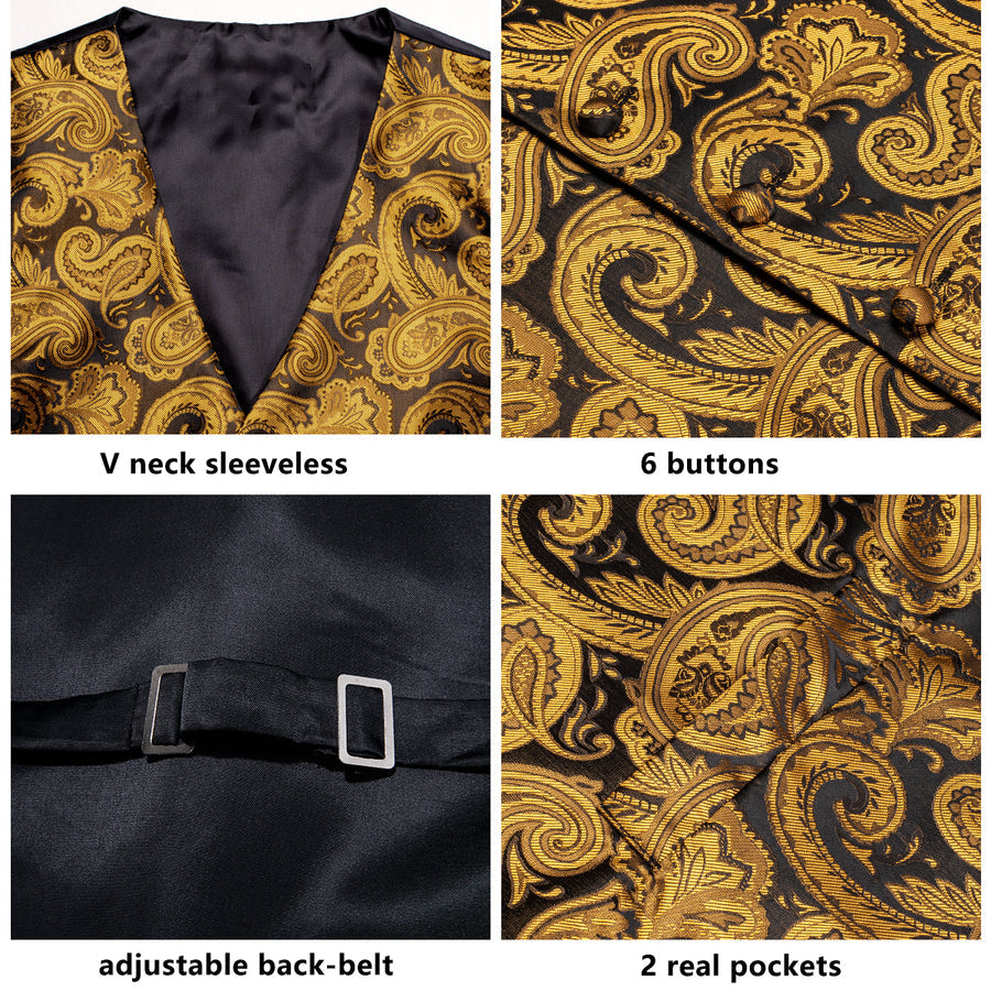 Brown Golden Paisley Jacquard Silk Men's Vest Set vest set    - Sophisticated Gentlemen