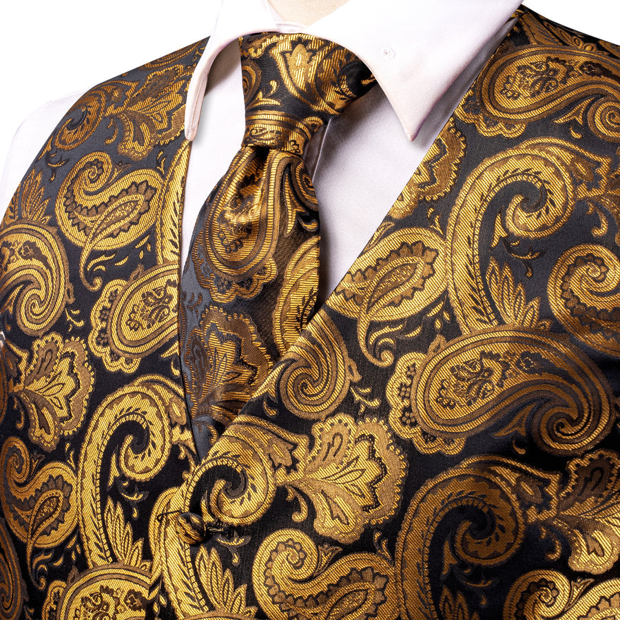 Brown Golden Paisley Jacquard Silk Men's Vest Set vest set    - Sophisticated Gentlemen