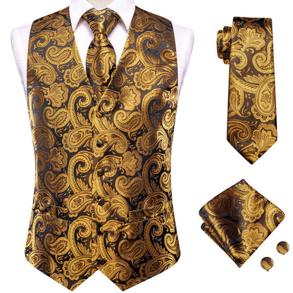 Brown Golden Paisley Jacquard Silk Men's Vest Set vest set    - Sophisticated Gentlemen