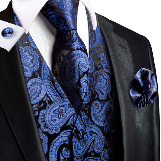 Black Blue Paisley Jacquard Silk Vest Set vest set S (Chest 40")   - Sophisticated Gentlemen