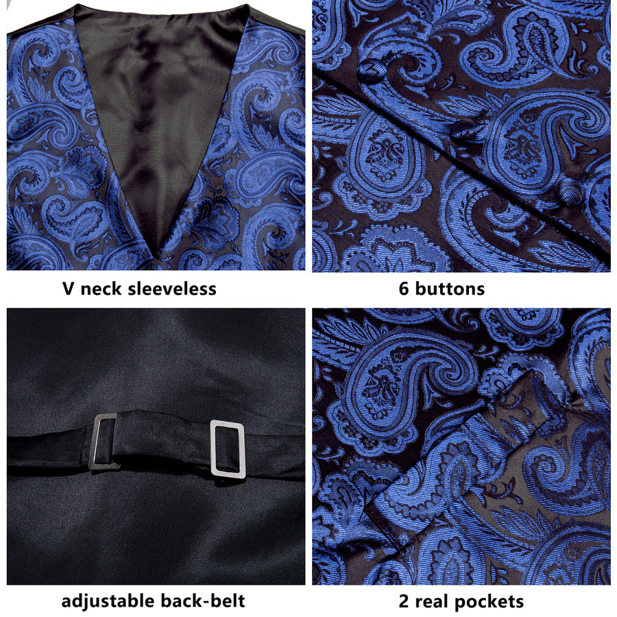 Black Blue Paisley Jacquard Silk Vest Set vest set    - Sophisticated Gentlemen