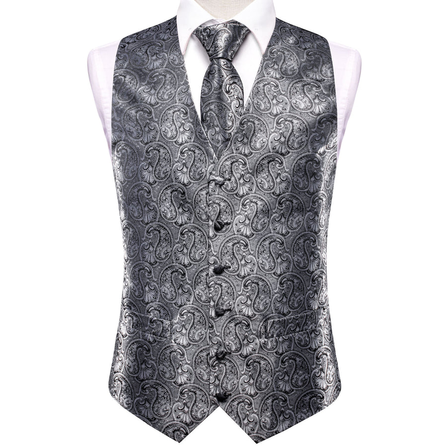 Silver Gray Paisley Jacquard Silk Vest Set vest set    - Sophisticated Gentlemen