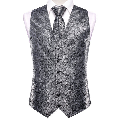Silver Gray Paisley Jacquard Silk Vest Set vest set    - Sophisticated Gentlemen