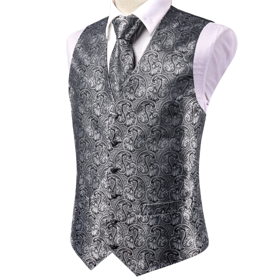 Silver Gray Paisley Jacquard Silk Vest Set vest set    - Sophisticated Gentlemen