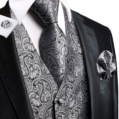 Silver Gray Paisley Jacquard Silk Vest Set vest set S (Chest 40")   - Sophisticated Gentlemen