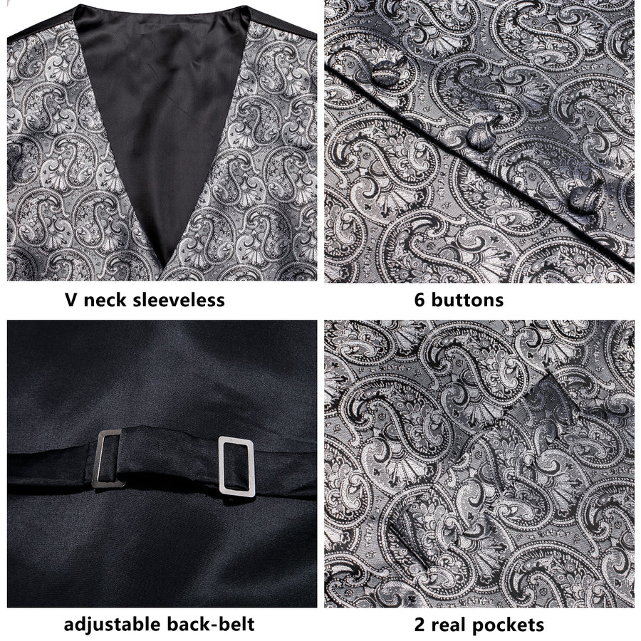 Silver Gray Paisley Jacquard Silk Vest Set vest set    - Sophisticated Gentlemen
