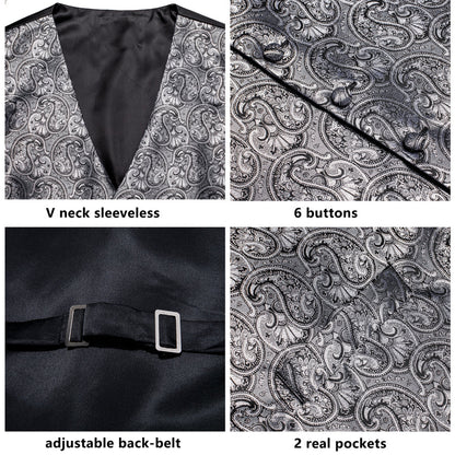 Silver Gray Paisley Jacquard Silk Vest Set vest set    - Sophisticated Gentlemen