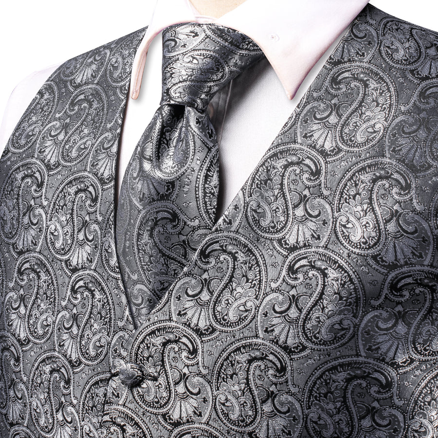 Silver Gray Paisley Jacquard Silk Vest Set vest set    - Sophisticated Gentlemen