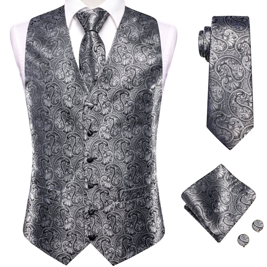 Silver Gray Paisley Jacquard Silk Vest Set vest set    - Sophisticated Gentlemen