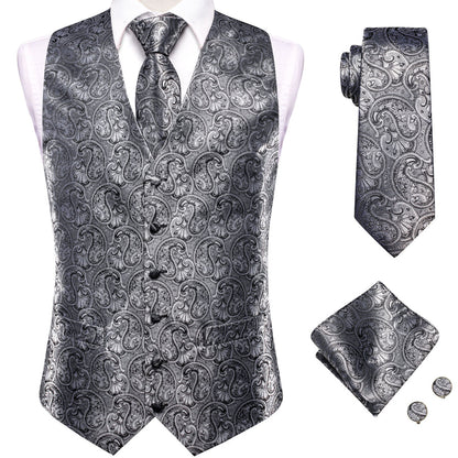 Silver Gray Paisley Jacquard Silk Vest Set vest set    - Sophisticated Gentlemen
