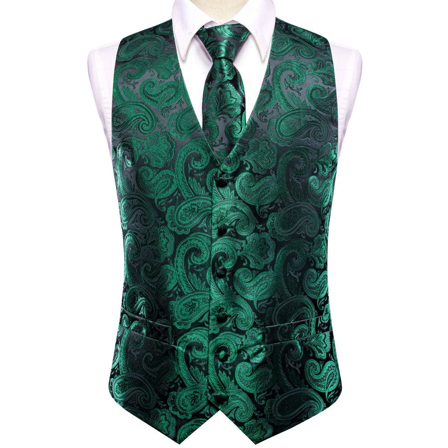 Black Green Paisley Jacquard Silk Vest Set vest set    - Sophisticated Gentlemen