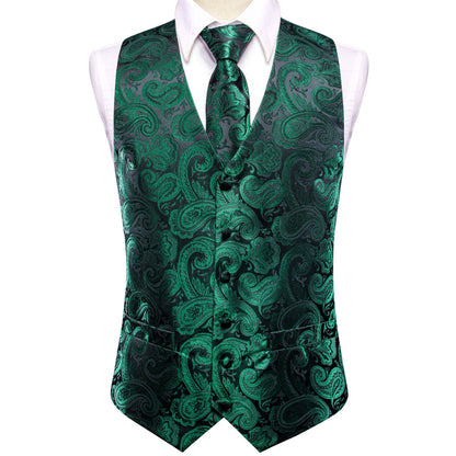 Black Green Paisley Jacquard Silk Vest Set vest set    - Sophisticated Gentlemen