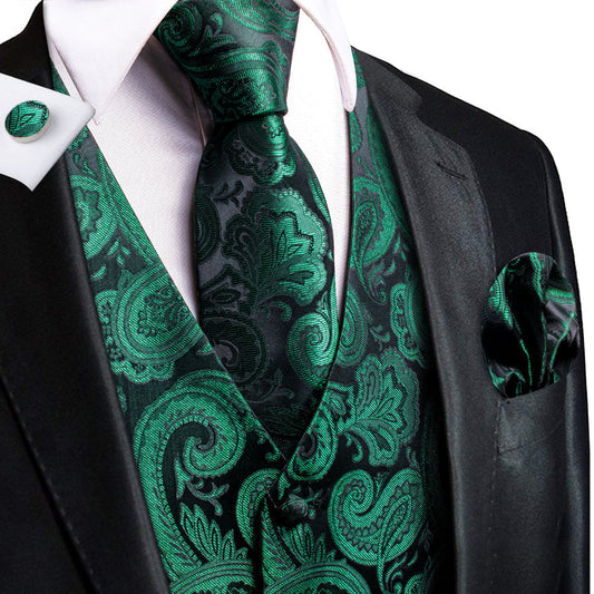 Black Green Paisley Jacquard Silk Vest Set vest set S (Chest 40")   - Sophisticated Gentlemen