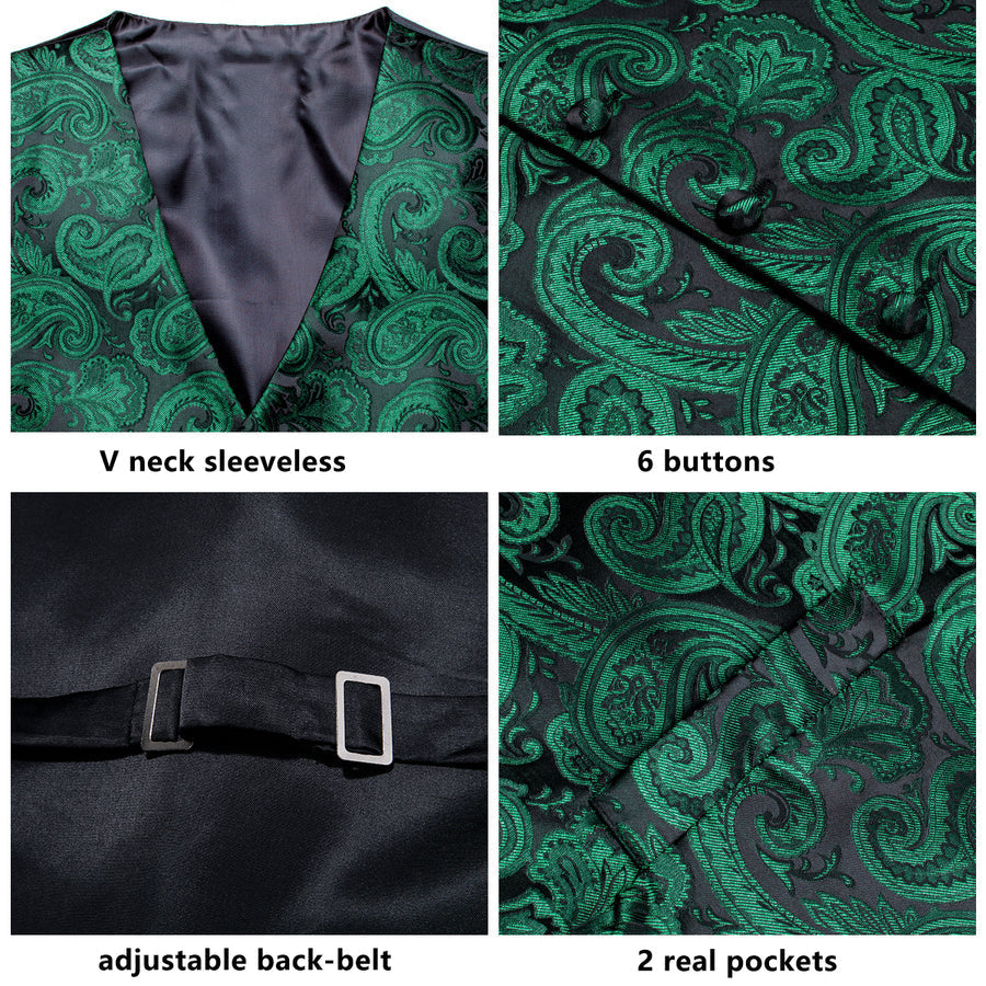 Black Green Paisley Jacquard Silk Vest Set vest set    - Sophisticated Gentlemen