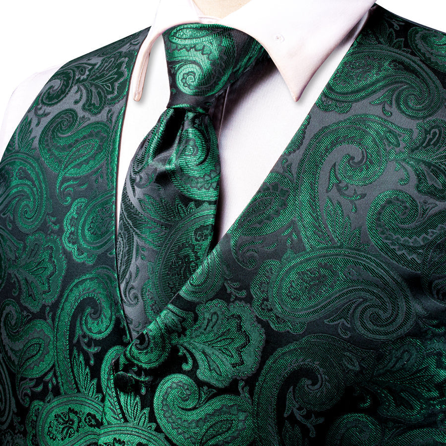 Black Green Paisley Jacquard Silk Vest Set vest set    - Sophisticated Gentlemen