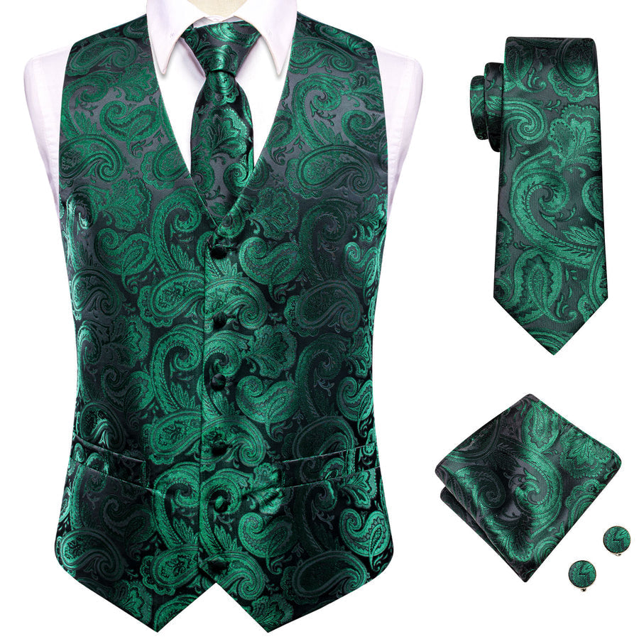 Black Green Paisley Jacquard Silk Vest Set vest set    - Sophisticated Gentlemen