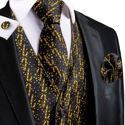 Christmas Black Gloden Candy Cane Novelty Jacquard Silk Men's Vest Set vest set S (Chest 40")   - Sophisticated Gentlemen