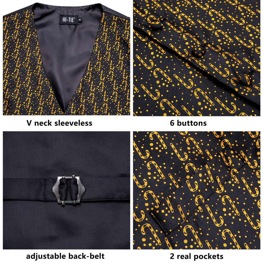 Christmas Black Gloden Candy Cane Novelty Jacquard Silk Men's Vest Set vest set    - Sophisticated Gentlemen