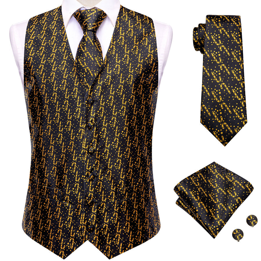 Christmas Black Gloden Candy Cane Novelty Jacquard Silk Men's Vest Set vest set    - Sophisticated Gentlemen