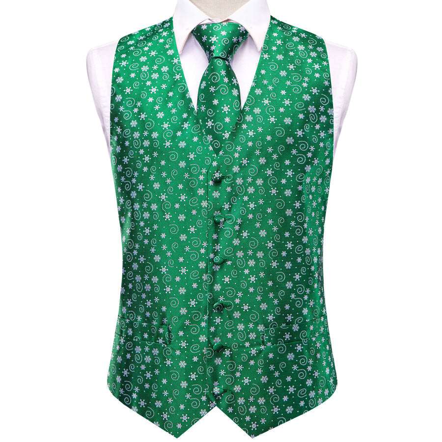 Green White Snowflake Novelty Jacquard Silk Men's Vest Set vest set    - Sophisticated Gentlemen