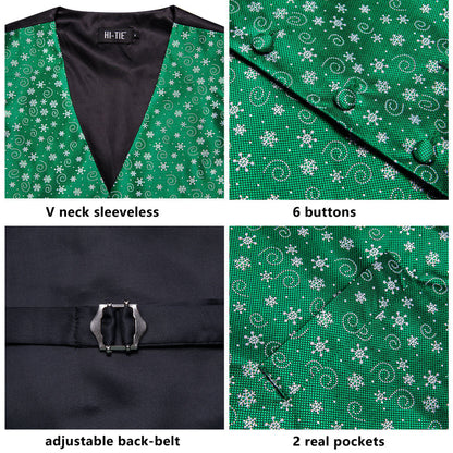 Green White Snowflake Novelty Jacquard Silk Men's Vest Set vest set    - Sophisticated Gentlemen