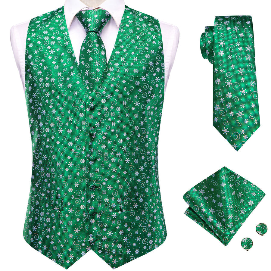 Green White Snowflake Novelty Jacquard Silk Men's Vest Set vest set    - Sophisticated Gentlemen