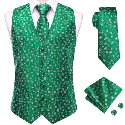 Green White Snowflake Novelty Jacquard Silk Men's Vest Set vest set    - Sophisticated Gentlemen