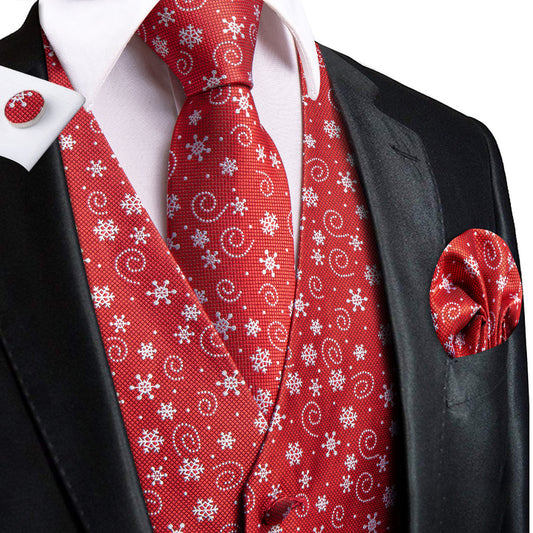 Red White Snowflake Novelty Jacquard Silk Vest Set vest set S (Chest 40")   - Sophisticated Gentlemen